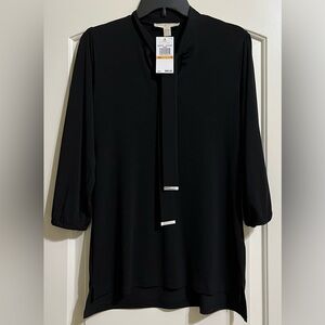 NWT Michael Kors Black Tie Chrome Front Top Blouse Stretch Chic Career Small